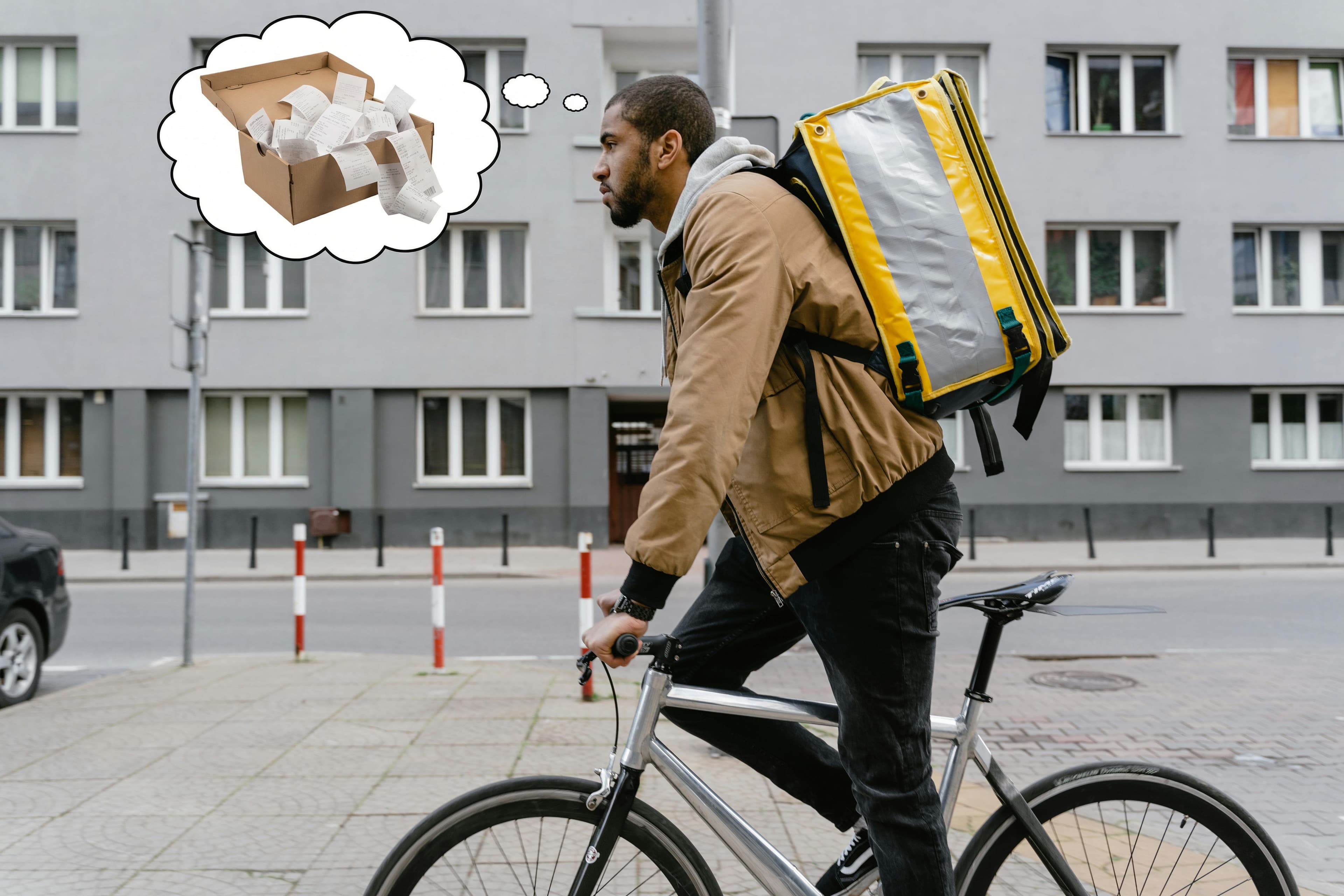 Food delivery courier cycling with insulated backpack